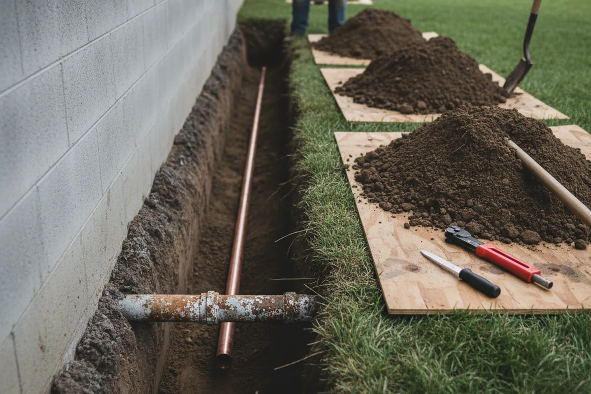Excavated water line trench during Water Heater Repair in Lincoln University